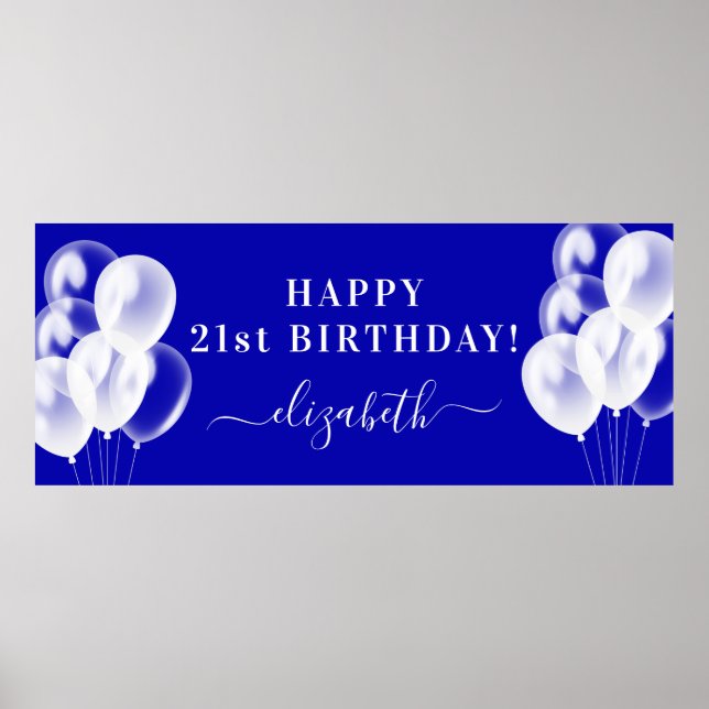 Namensschild der königsblauen weißen Ballons Poster (Vorne)