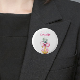 Namensschild mit rosa Schleife und Ananas tropisch Button