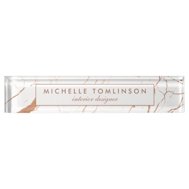 Namensschild "White and Rose Gold Marble Designer" Namensplakette (Vorderseite)