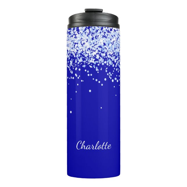 Namensschrift für Royal Blue Glitzer Glitzern Thermosbecher (Vorderseite)