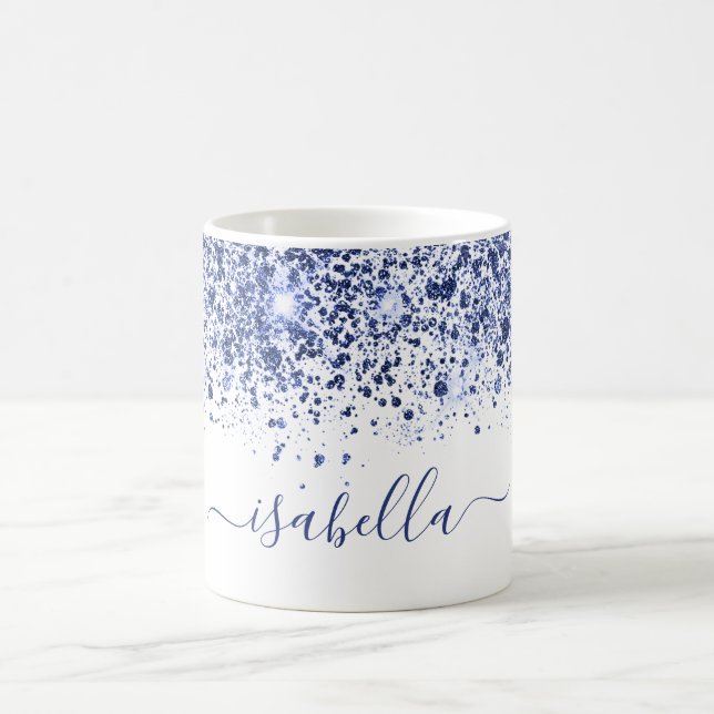 Namensskript für den weißen blauen Glitzer Kaffeetasse (Mittel)