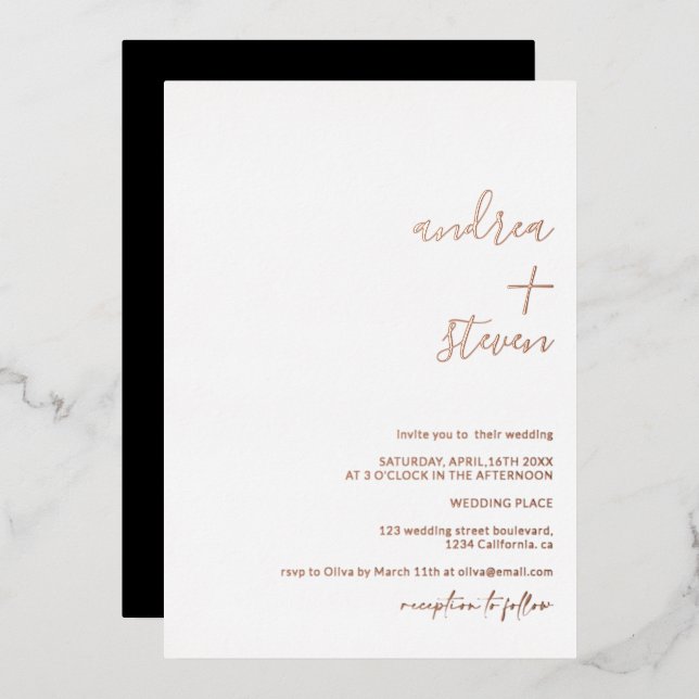 Namensskripte; einfaches Skript Hochzeit Rose Gold Folieneinladung (Vorderseite/Rückseite)
