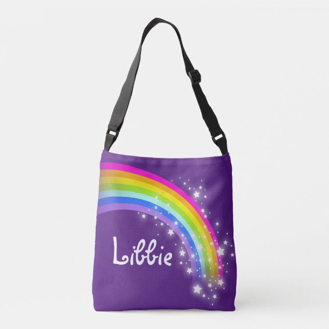 NamensTaschentasche der lila Regenbogenmädchen Tragetaschen Mit Langen Trägern (Rückseite)