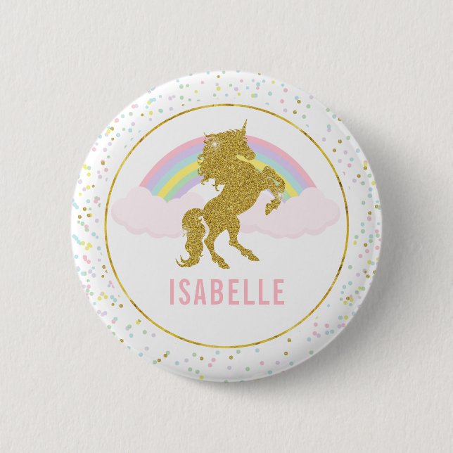 Namensumbau-Regenbogenunicorn-Party-Button Button (Vorderseite)