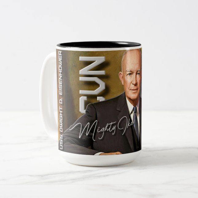 NAMENSVETTER DER TASSEN-CVN-69 USS DWIGHT D. ZWEIFARBIGE TASSE (Vorderseite Links)