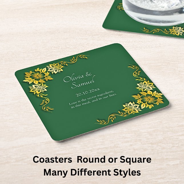 Names Date Message Emerald Green & Gold  Rechteckiger Pappuntersetzer (Von Creator hochgeladen)
