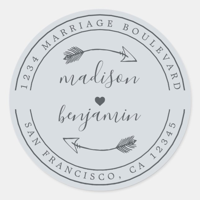 Names Heart Arrow Blue Wedding Rücksendeadresse Runder Aufkleber (Vorderseite)