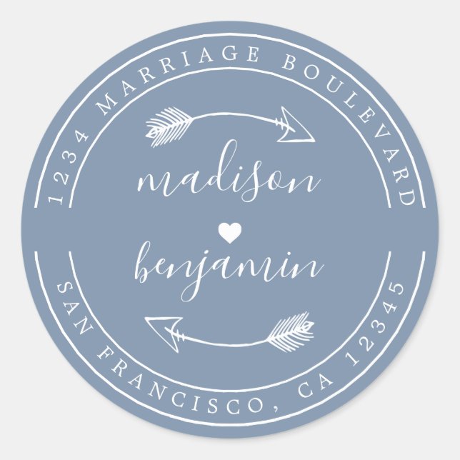 Names Heart Arrow Blue Wedding Rücksendeadresse Runder Aufkleber (Vorderseite)