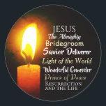Names of Jesus Christmas, Prince of Peace, Savior Runder Aufkleber<br><div class="desc">Beautiful inspirational quote custom Christmas sticker features a lit candle and features names of Jesus in the Bible: Good Shepherd,  Bridegroom,  Savior,  Deliverer,  Light of the world,  Wonderful Counselor,  Prince of Peace.*</div>