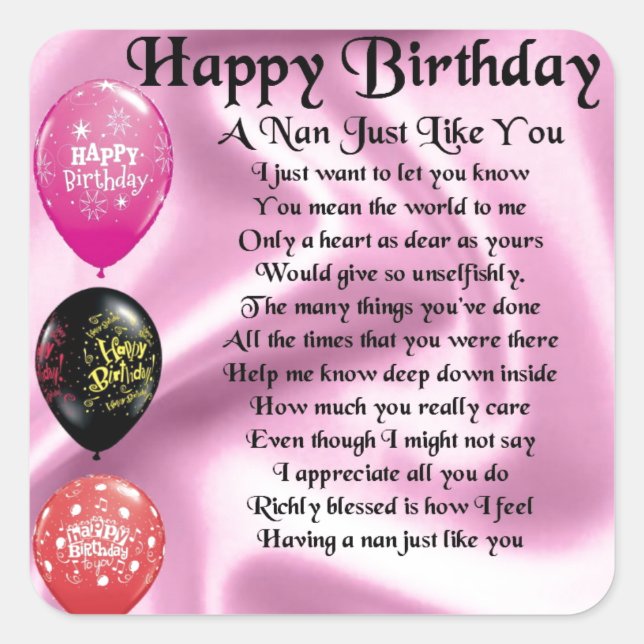 Nan Gedicht - Happy Birthday Quadratischer Aufkleber (Vorderseite)