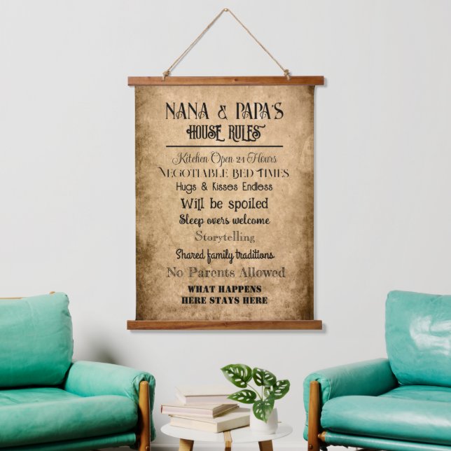 Nan & Papa House Regeln Wandteppich Mit Holzrahmen (Wohnzimmer)