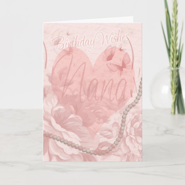 Nana Birthday Card, rosa Blüte, Herz mit Butter Karte (Vorderseite)