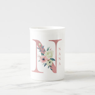Nana Blume Letter N Rosa Glitzer Shimmer Prozellantasse