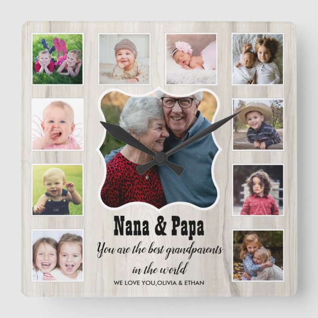 Nana Papa Best Grandparents 11 Photo Collage Wood Quadratische Wanduhr (Vorderseite)