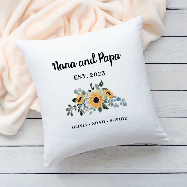 Nana und Papa | Rustikale Sonnenblumen und Namen Kissen (A simple, elegant pillow keepsake for your Nana and Papa)