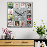 Nana Wir Liebe Sie 12 Foto Collage Grau Wood Quadratische Wanduhr<br><div class="desc">Rustikale Holz Foto Collage Uhr personalisiert mit 12 Bildern,  Enkel Namen und "Nana We Liebe you" Typografie.</div>