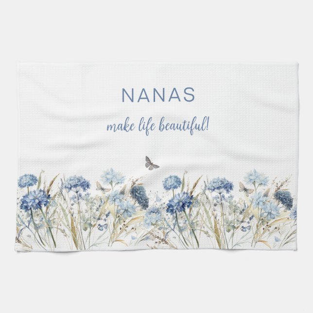 Nana's Mother Day Dusty Blue Wildblumen Geschirrtuch (Horizontal)