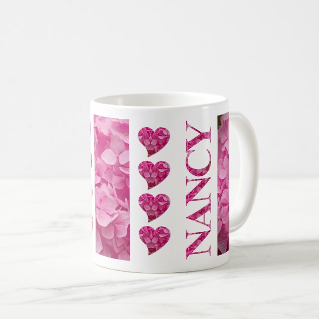 "Nancy" Pink Hydrangea Blumenbriefe & Herz Kaffeetasse (VorderseiteRechts)