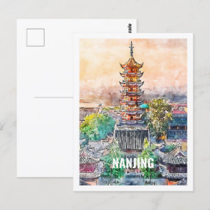 Nanjing China Berühmte Reise-Wasserfarben-Skizze Postkarte