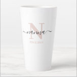 Nanna Elegant Script Monogram Blush Pink Milchtasse<br><div class="desc">Letzte Tasse für eine neue Nanna oder langjährige Großmutter, die Sie mit dem Datum, an dem sie zu Großeltern geworden sind, personalisieren können. Dieses trendige minimalistische Design ist in einer dezenten Farbpalette aus Rosa, Schwarz und Weiß gehalten. Es hat ein Mohnmonogramm, mit dem Anfangsbuchstaben N und dem Namen Nanna, in...</div>