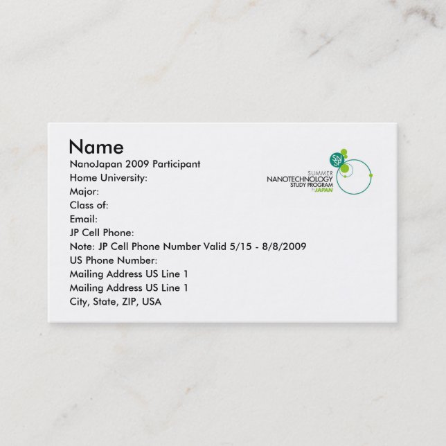NanoJapan Visitenkarten Telefonnummerkarte (Vorderseite)