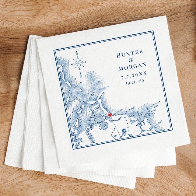 Nantasket Beach Resort Hull MA Karte Elegante Hoch Serviette (Hull Massachusetts Map Custom Cocktail Napkins for an elegant Nantasket Beach Resort Wedding)