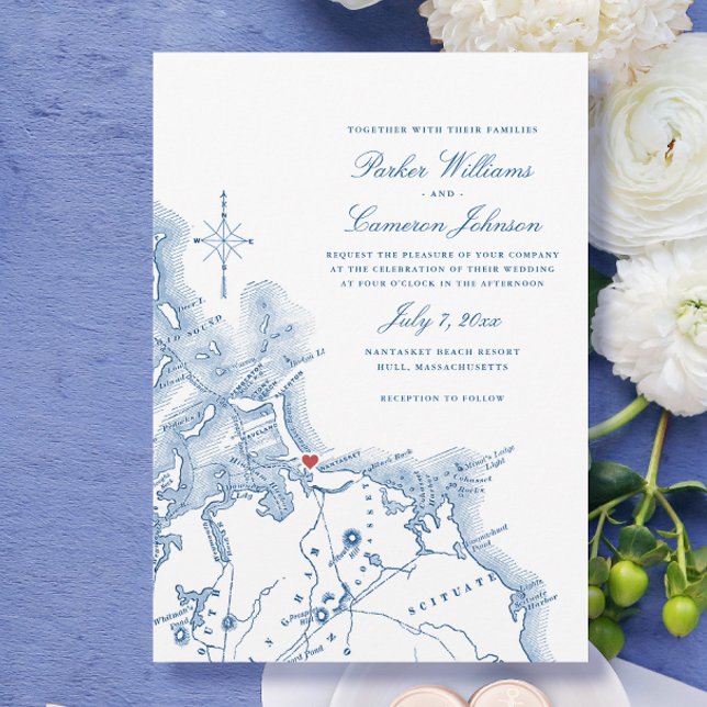 Nantasket Beach Resort Map Elegant Navy Wedding Einladung (Nantasket Beach Resort Hull MA Wedding Invitation with elegant navy blue South Shore map)