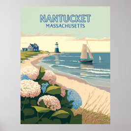 Nantucket Beach Hydrangeas Lighthouse Boat Retro Poster