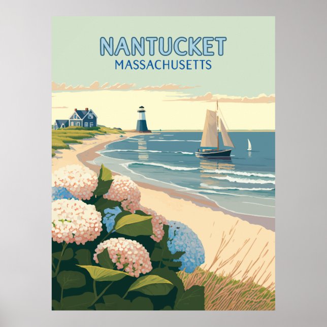 Nantucket Beach Hydrangeas Lighthouse Boat Retro Poster (Vorne)