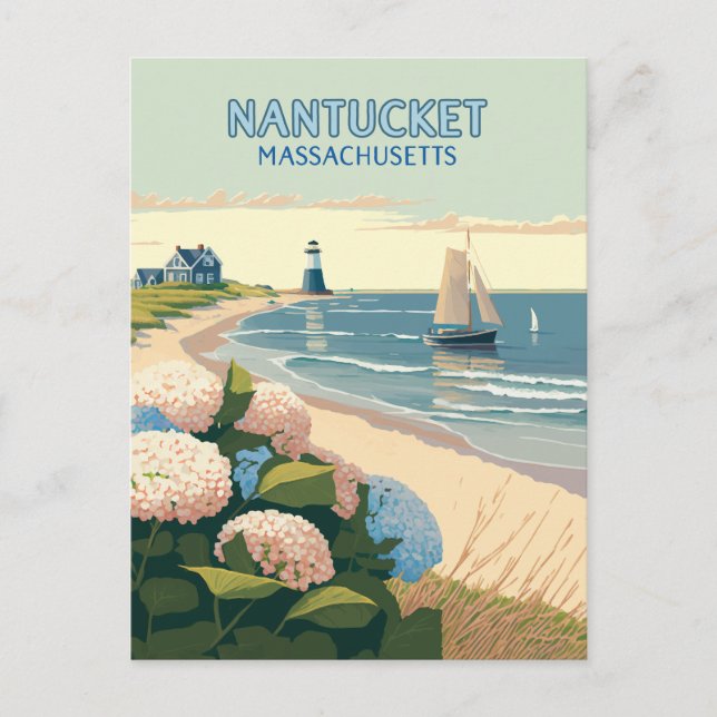 Nantucket Beach Hydrangeas Lighthouse Boat Retro Postkarte (Vorderseite)
