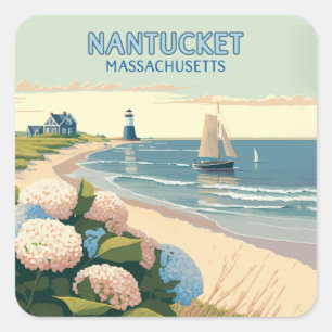 Nantucket Beach Hydrangeas Lighthouse Boat Retro Quadratischer Aufkleber