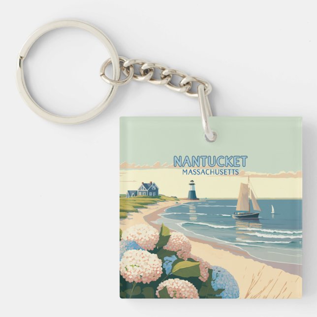 Nantucket Beach Hydrangeas Lighthouse Boat Retro Schlüsselanhänger (Vorderseite)