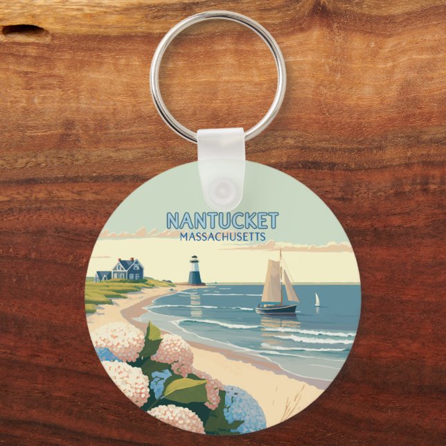 Nantucket Beach Hydrangeas Lighthouse Boat Retro Schlüsselanhänger (Vorderseite)