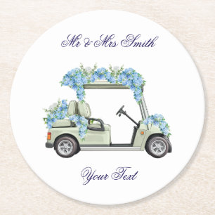 Nantucket Blue Floral Golfcart Hochzeit Runder Pappuntersetzer