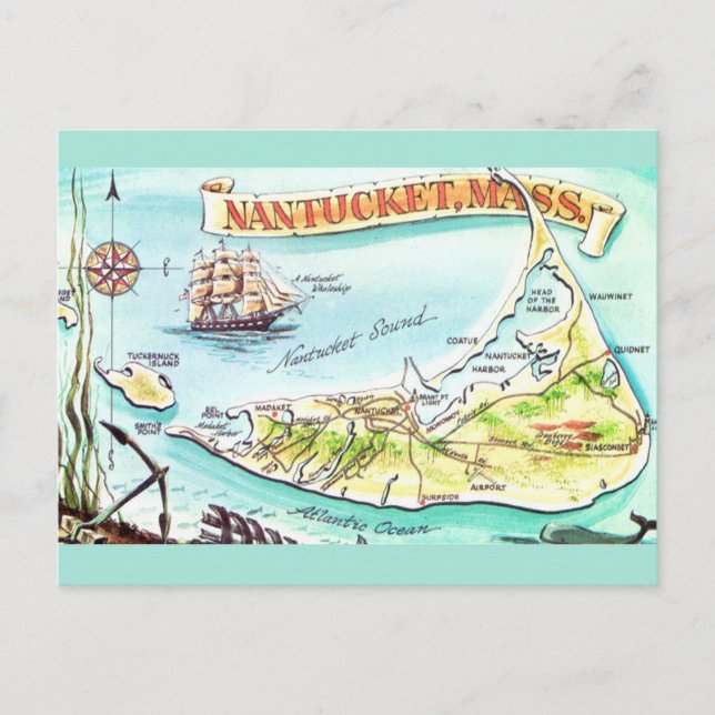 Nantucket MA Illustriert Karte Postkarte (Vorderseite)