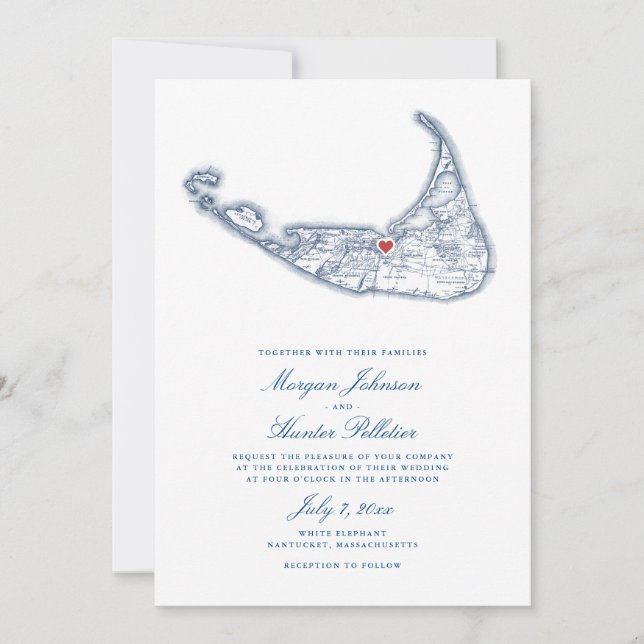 Nantucket MA Map Elegant Navy Blue Wedding Einladung (Vorderseite)
