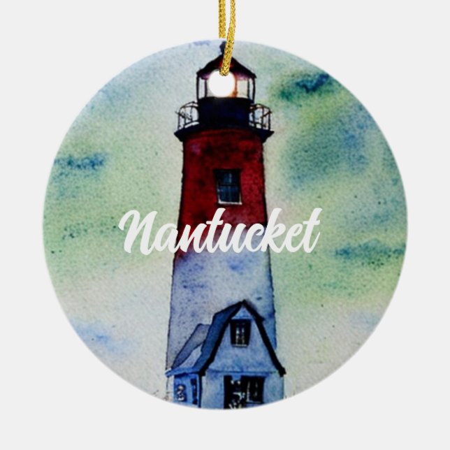 Nantucket Massachusetts Lighthouse Wasserfarbe Keramik Ornament (Vorne)