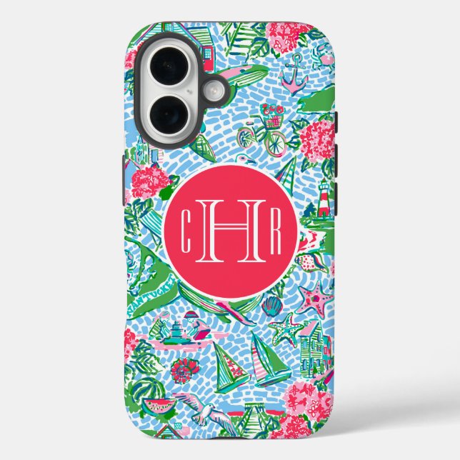 Nantucket Preppy Palm Beach Print Mit Monogramm iPhone 16 Hülle (Rückseite)