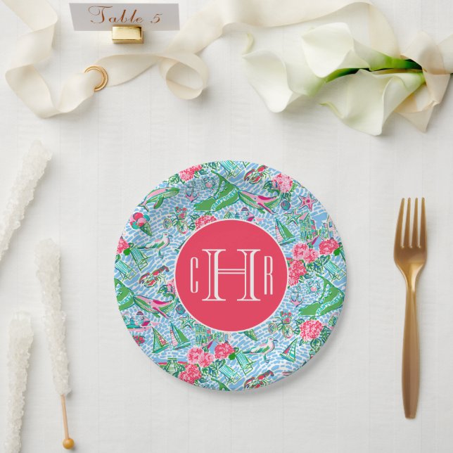 Nantucket Preppy Palm Beach Print Mit Monogramm Pappteller (Hochzeit)