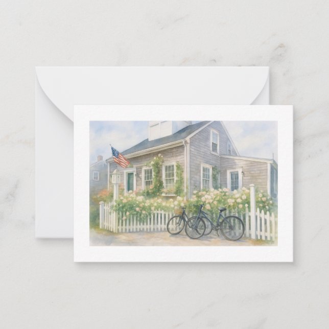Nantucket Wasserfarbenküste Hütte mit Blume Mitteilungskarte (Vorderseite)