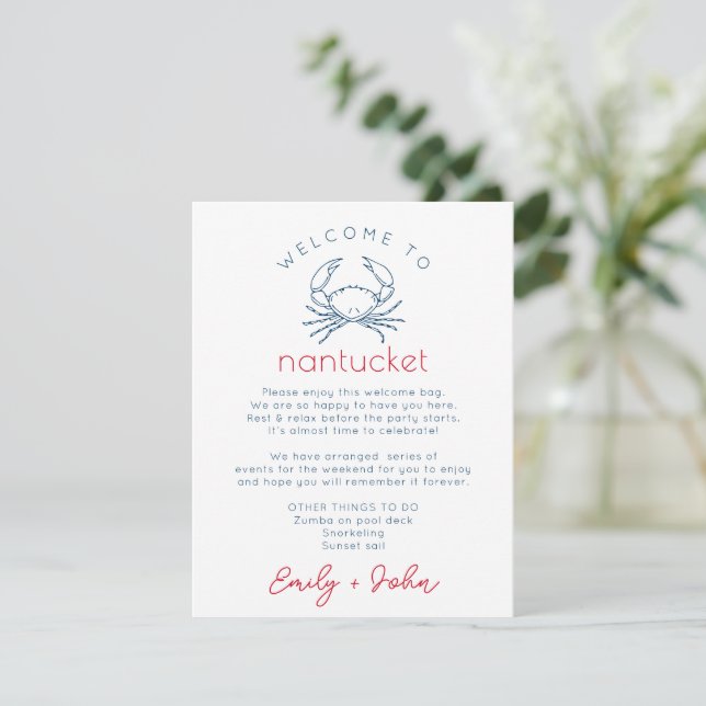 Nantucket Wedding Welcome Bag Tour Mitteilungskarte (Stehend Vorderseite)