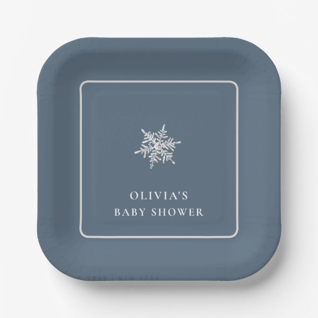 Nany Blue Modern Snowflake Baby Dusche Pappteller (Vorderseite)