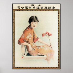 Nanyang Femme Aux Fleurs Ancien Poster Chinois