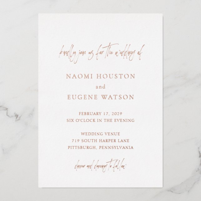 Naomi Typografie Moderne Hochzeit Folieneinladung (Vorderseite)