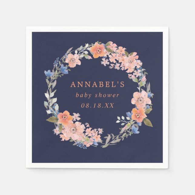 Napkins, Navy und Peach Floral Wreath Baby Showroo Serviette (Vorderseite)