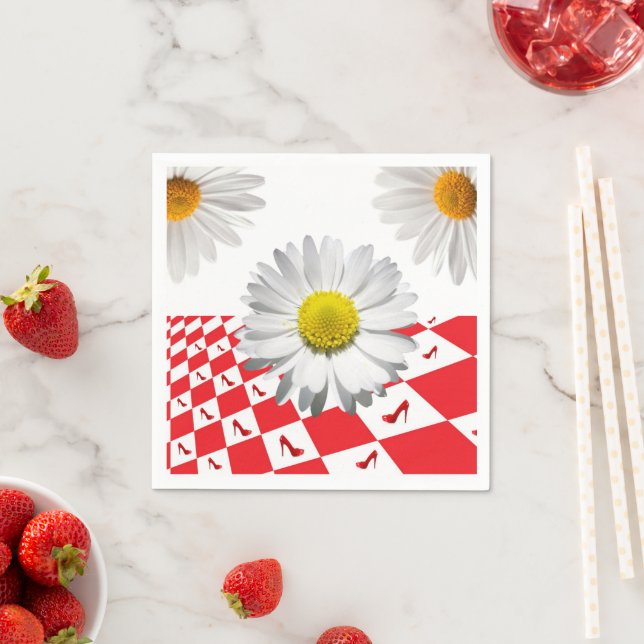 Napkins, rot kariert, weißer Daisy, floral Serviette (Beispiel)