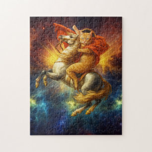 Napoleon Katze reitet Pferd durch die Galaxie