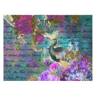 Nappe Antique Illustré Paon & Fleurs Grunge