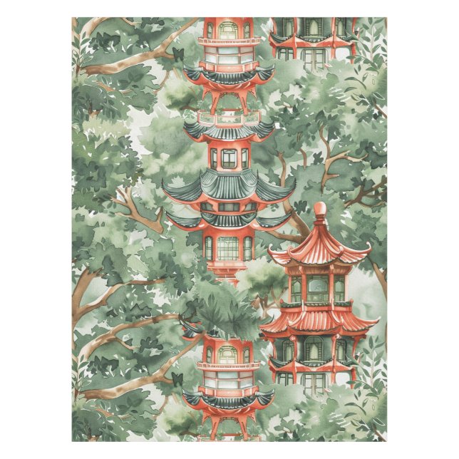 Nappe Aquarelle Pagode asiatique dans paysage verdoyant  (Devant)