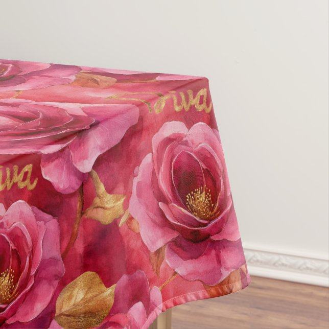 Nappe Aquarelle rose Fuchsia Roses avec Gold Diva (In Situ)